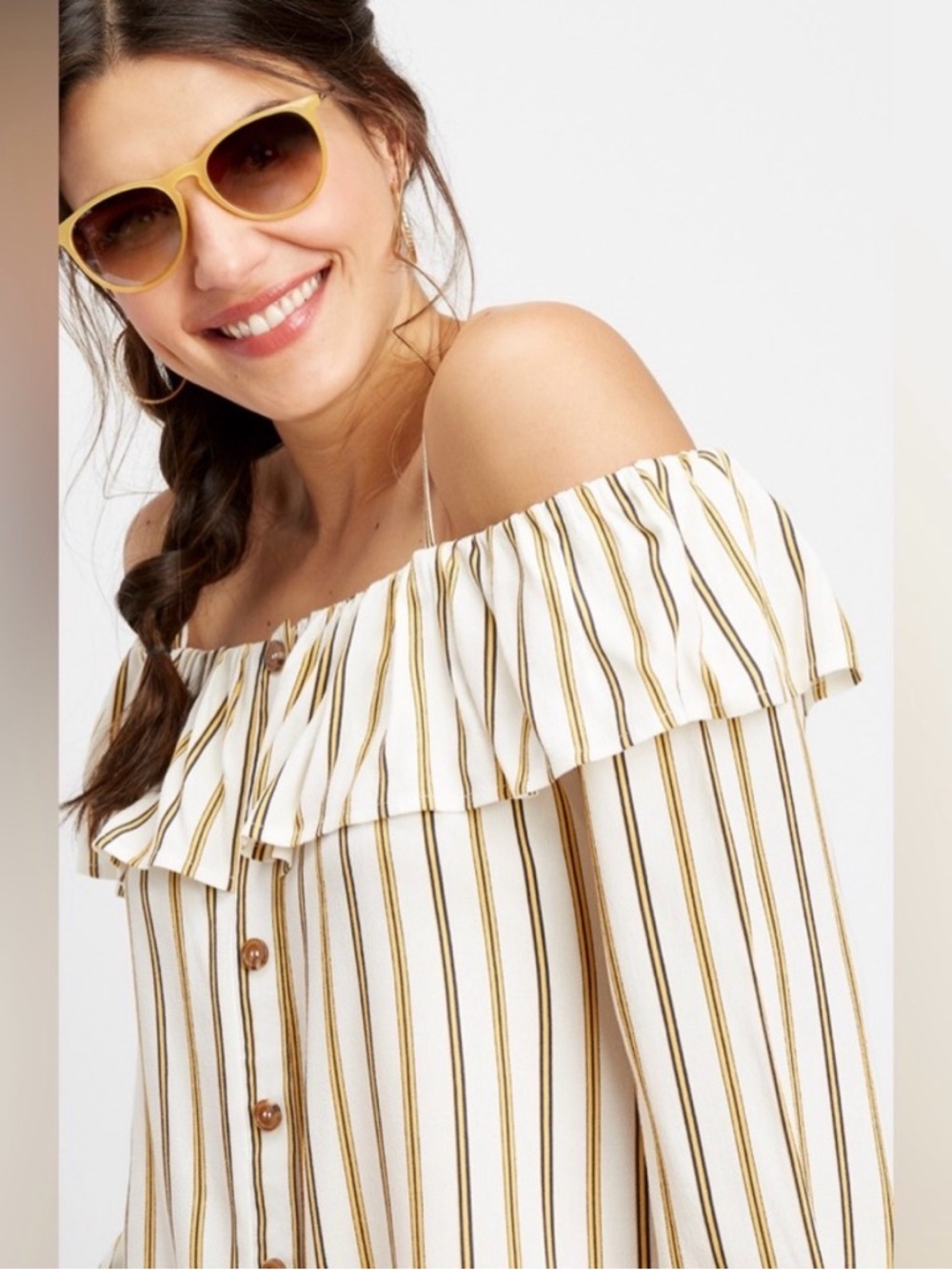 Maurice Off The Shoulder Stripe Button Down Blouse